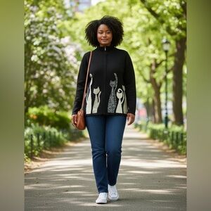 Vintage Allison Daley Cat Cardigan Sweater,Beading on zipper pull - Size Large